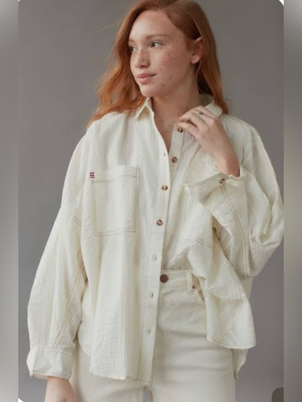 Hem & Thread Light Cream Oversized Button-Up Shirt w/Brown Trim
